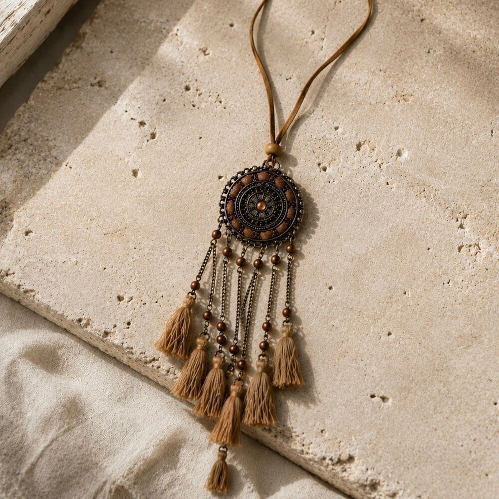 Radial Medallion Necklace Bronze Tone Long Drop
